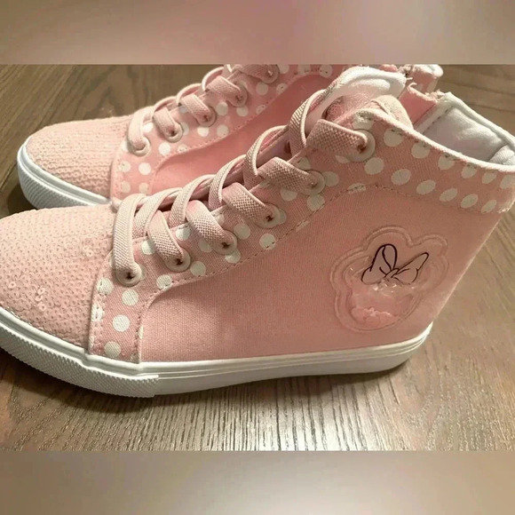 DISNEY Minnie Mouse Girls Hi Top SNEAKERS PInk & SEQUINS Sz 2 New With Tags - Picture 1 of 7
